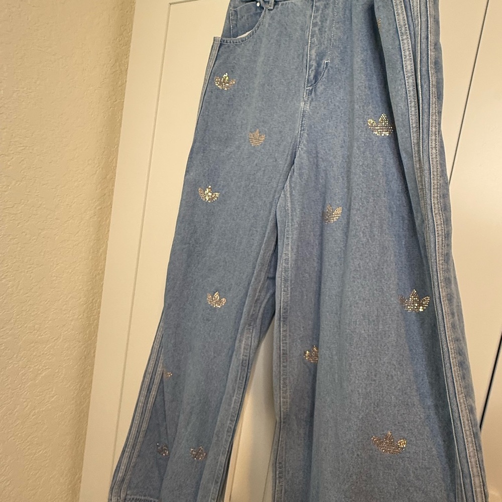 Adidas Originals Limited Denim Rhinestone Wide Leg Jeans - Picture 3 of 5